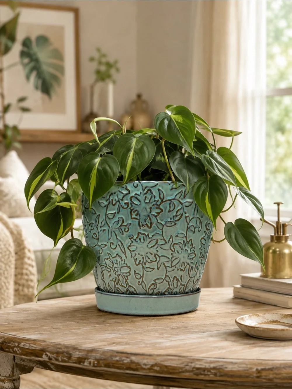 Embossed Floral Ceramic Planter with Saucer & Drainage | 6 Inch Light Blue